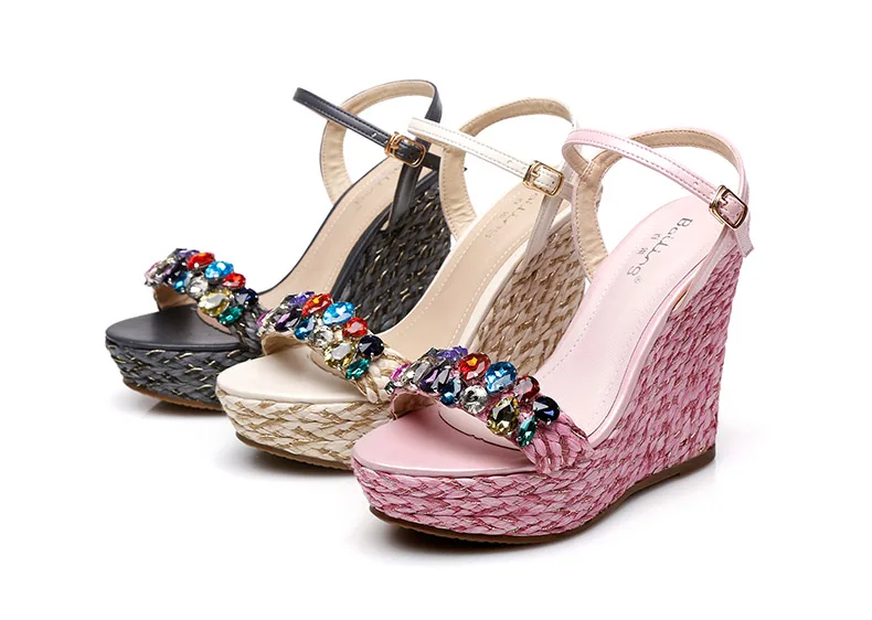 35_Summer Womens Black Buckle Sandals Fashion Elegant Silver Rhinestone Shoes Wedding Bridal High Heel Platform Wedges
