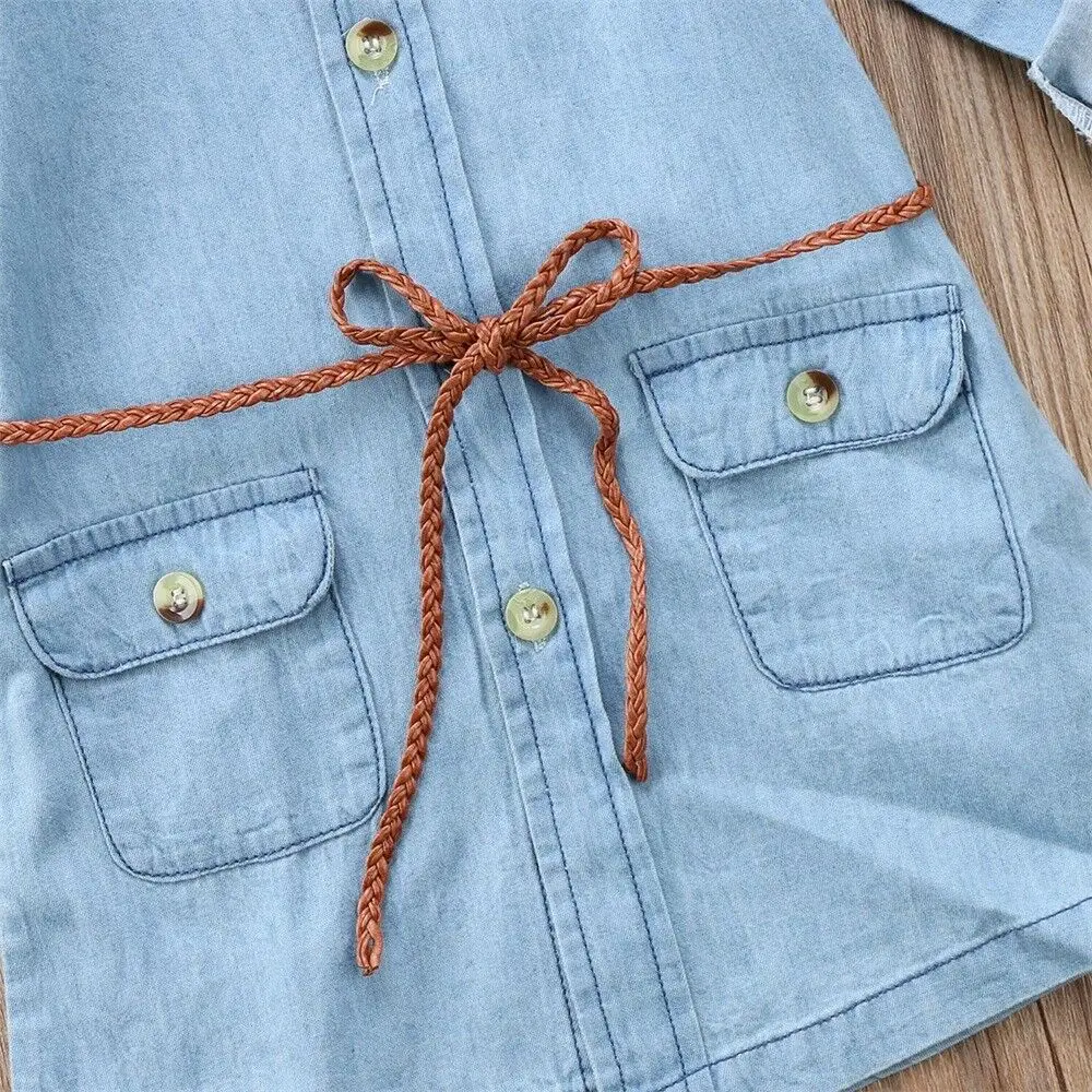 Модное детское джинсовое Короткое мини-платье для девочек, джинсовые Повседневные Вечерние платья-рубашки с длинными рукавами, одежда