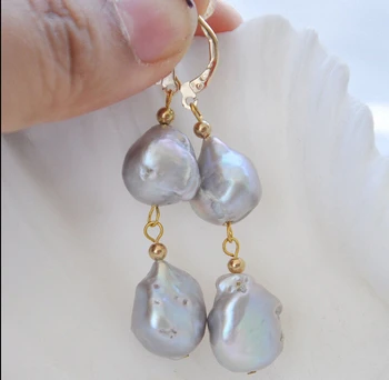 

FREE shipping> >>>Z5449 WOW 14mm gray baroque KESHI reborn PEARL DANGLE EARRING