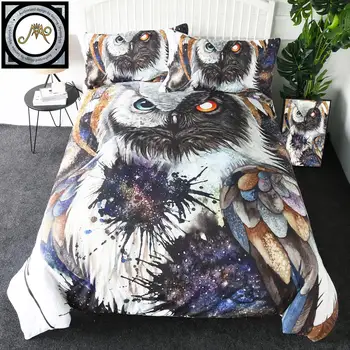 

Yin Yang Owl by SunimaArt Bedding Set Blue Red Eyes Duvet Cover Watercolor Bedclothes Tai Chi Bird Face 3pcs Home Textiles Twin