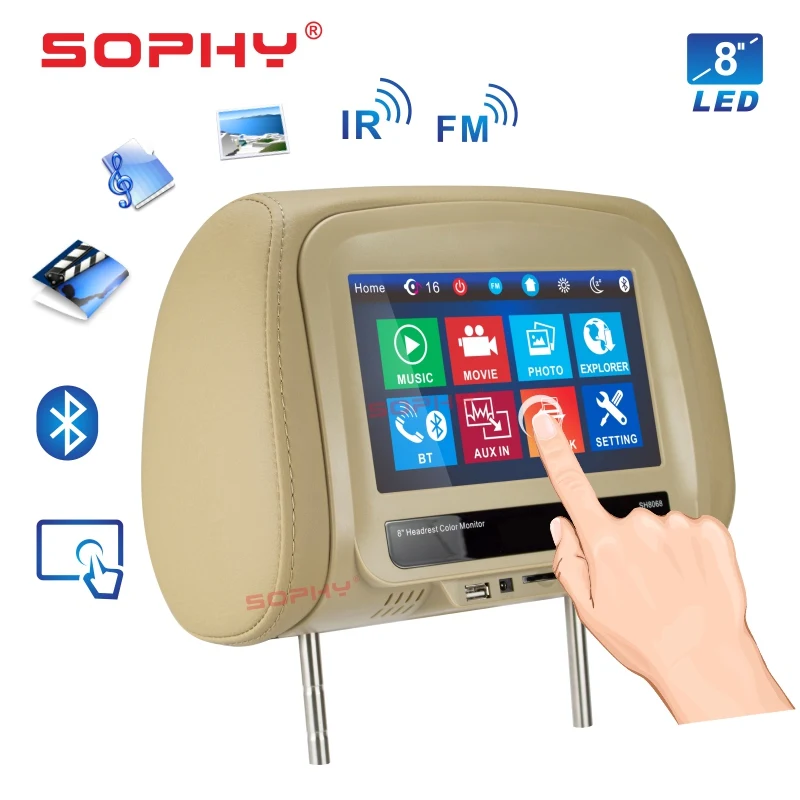 Tanie Nowy! 8 cali Monitor montowany za zagłówkiem samochodu MP4 MP5 odtwarzacz wideo poduszka Monitor z IR FM telefon z ekranem dotykowym ładowanie SH8068 P5