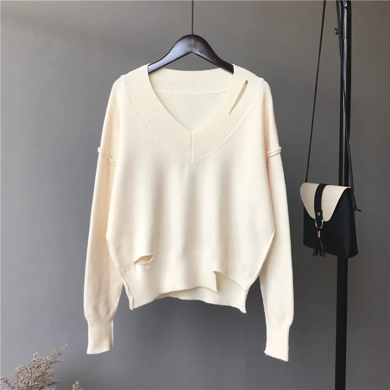 Rusanranz 2018 Autumn Winter Knitted Women Sweater V Collar Solid Color Pullover Jacket Loose Sweater Sweaters
