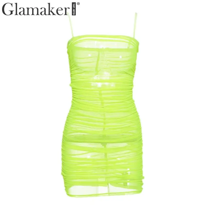 Glamaker String tansparent Сетчатое облегающее платье для женщин летнее Плиссированное мини
