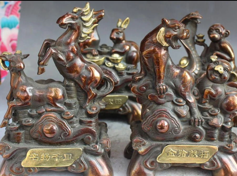 

9" Bronze Gilt 12 Zodiac Animal Dragon Phoneix Snake Rabbit Tiger Horse Pig Set R0711