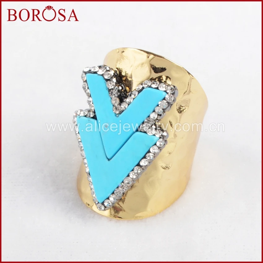 

BOROSA Double V Shaped Blue Howlite Stone Gold Ring Paved Zircon Druzy Jewelry Gems Ring for Women Men Jewelry JAB246