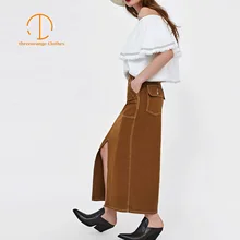 Верблюжьего цвета, твидовая юбка, женский внешний шов, большой карман, дизайн спереди, высокий разрез, модная летняя повседневная Уличная одежда, миди юбки