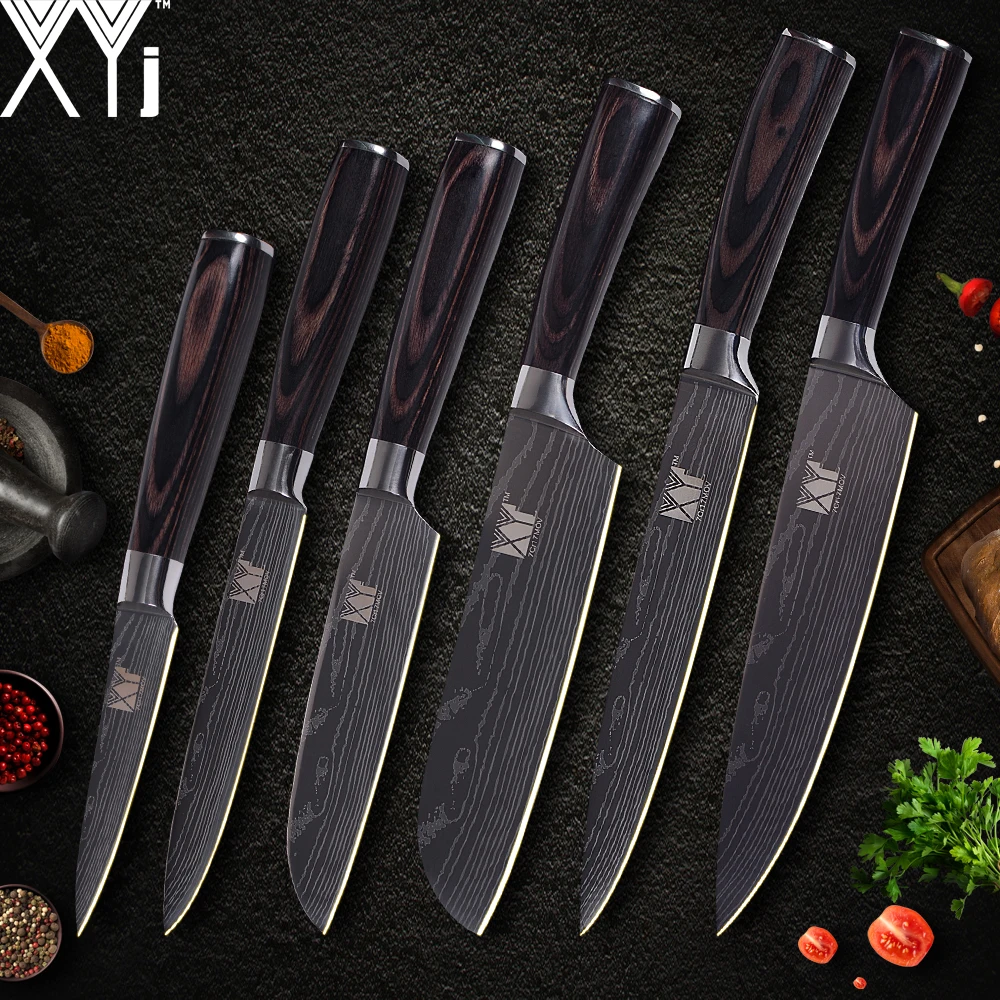 XYj Kitchen Knife Cook Sets Damascus Pattern 7cr17 Stainless Steel Knife Chef Slicing Santoku Utility Paring Knife Cooking Tools