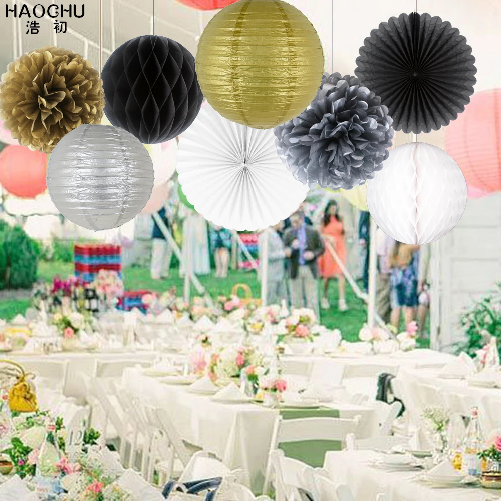 8pcs/Set Round Chinese Paper Lanterns Gold Silver Tissue Paper Honeycomb Balls Wedding Flower Birthday Party Hanging Decorations