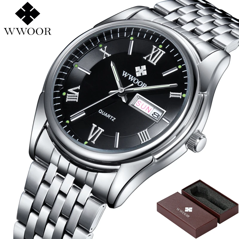 

WWOOR Men's Watches Business Quartz Man Watch Men Sport Wristwatch Male Silver Stainless Steel Day Date Luminous Hour Clock