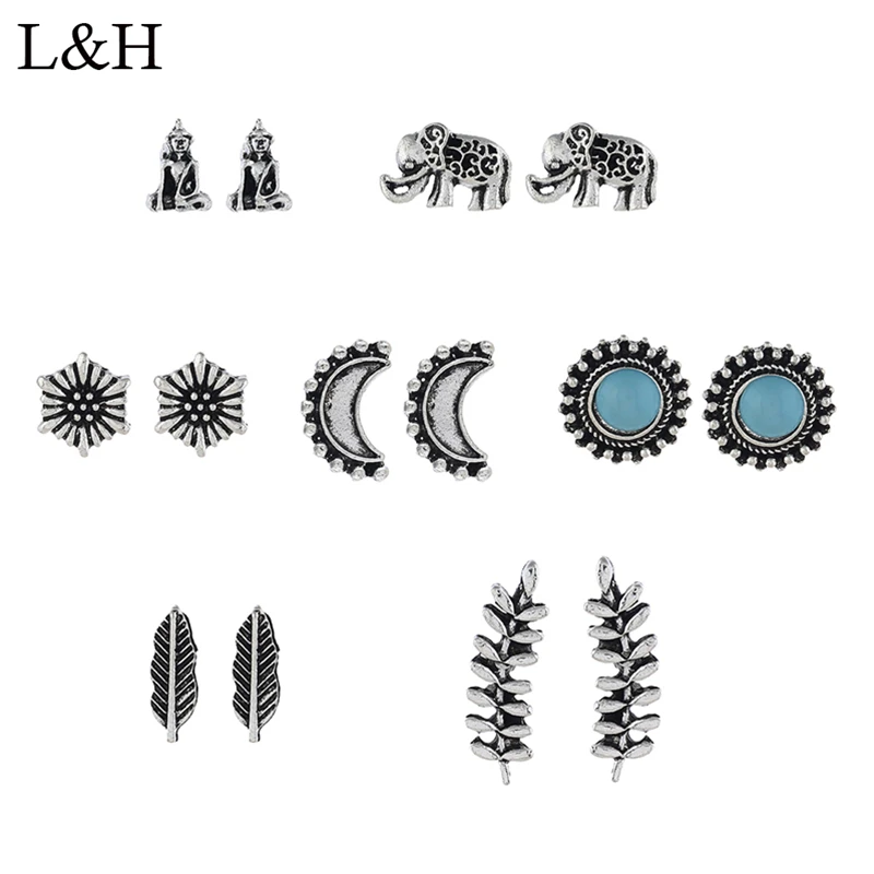 

L&H 7Pairs/Set Silver L&H 7PStud Earrings Set Cute Elephant Earrings For Women Round/Flower/Leaves/Rhinestone Earings in Jewelry