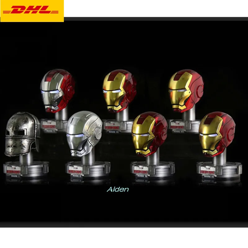 

7 Pcs/set Statue The Avengers 1:5 Iron Man Tony Stark Helmet Galvanograph With LED Light Metal Action Figure Toy BOX 7CM B441