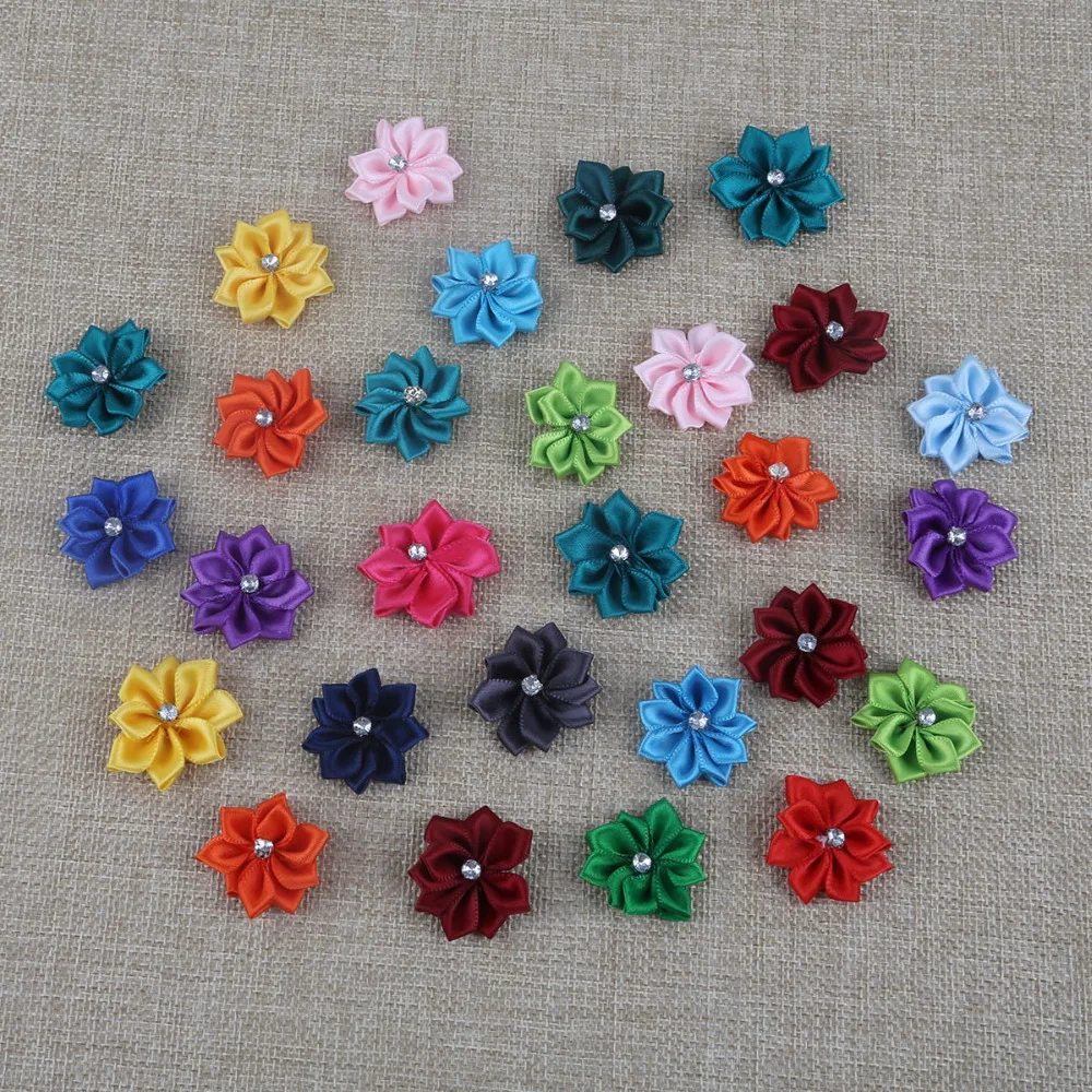 

Mix Color 25pcs/lot Handmade Fabric Flowers with Rhinestone For DIY Applique Sewing Wedding Garment Accessories Hair Decoration