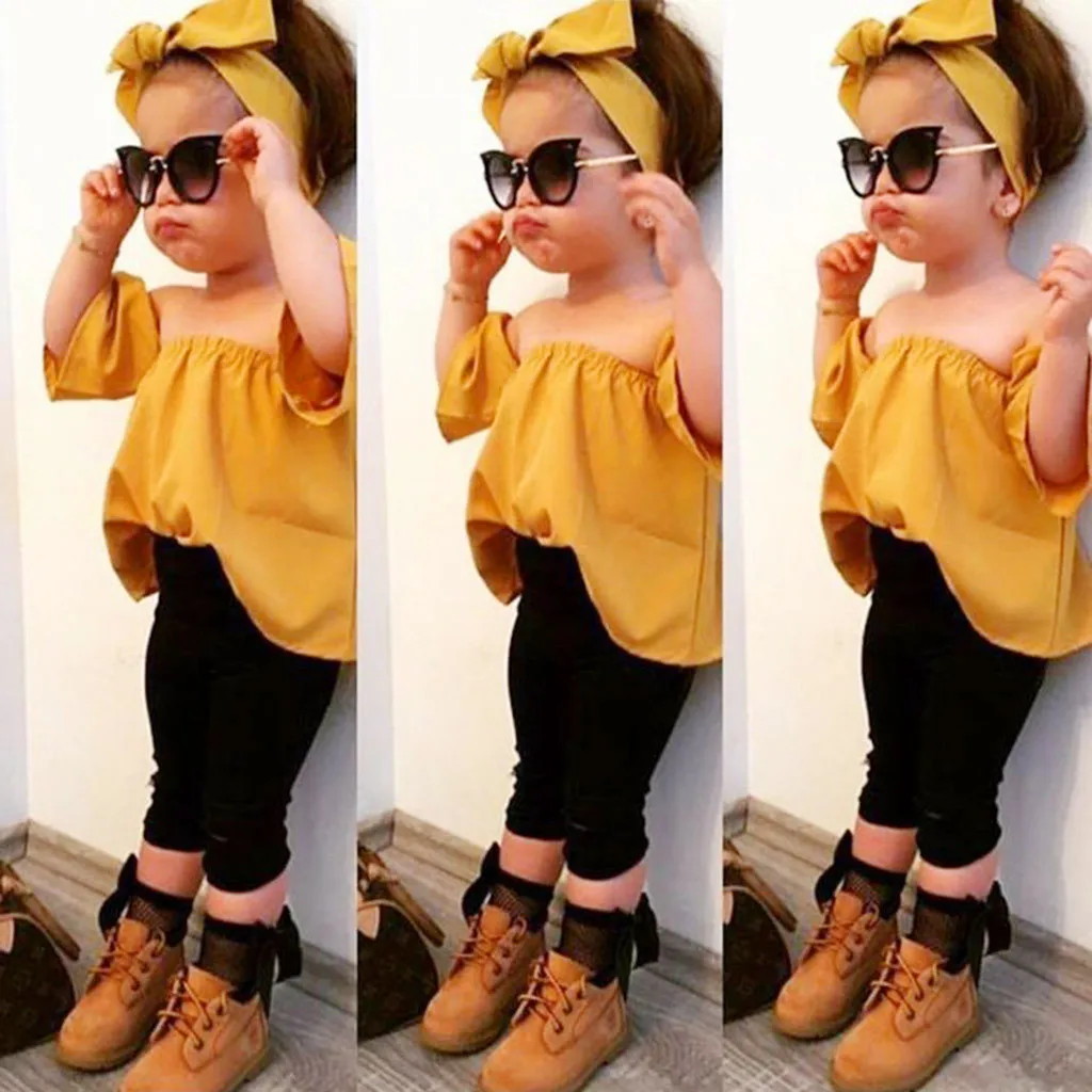 

3PCS Toddler Summer 2019 Kid Girl Clothes Fashion Off Shoulder T-shirt+Pants+Headband Girls Outfits Kids Clothing For Girls