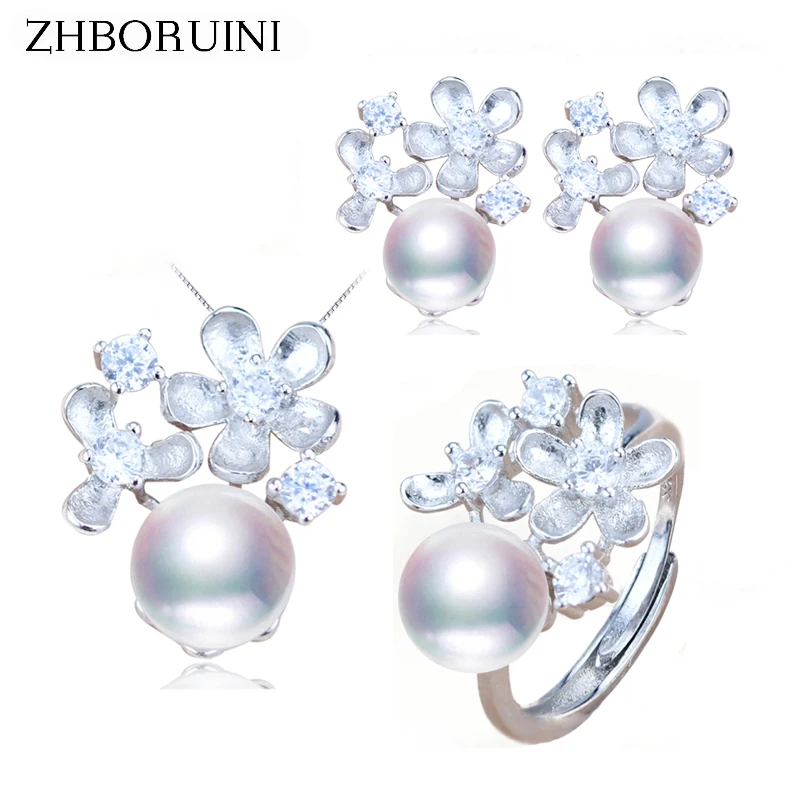 ZHBORUINI Fashion Pearl Jewelry Set Natural Freshwater Pearl Flower Ring Necklace Earrings 925 Sterling Silver Jewelry For Women ZHBORUINI Fashion Pearl Jewelry Set Natural Freshwater Pearl Flower Ring Necklace Earrings 925 Sterling Silver Jewelry For Women