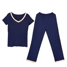 QIANXIU Женская Сексуальная Пижама Женское ночное белье костюм однотонная Модальная Пижама с v-образным вырезом с короткими рукавами длинные штаны 2 шт. пижамы для всей семьи