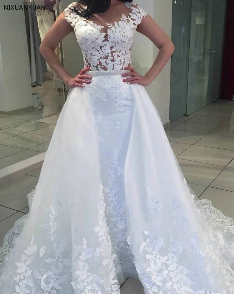 

Vestido De Noiva Cap Sleeve Mermaid Wedding Dress Detachable Train Wedding Dresses Illusion Bridal Gowns