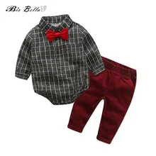 Модный комплект одежды для маленьких мальчиков, детский клетчатый комбинезон+ красные штаны, комплект из 2 предметов, костюм для новорожденных новая одежда для малышей
