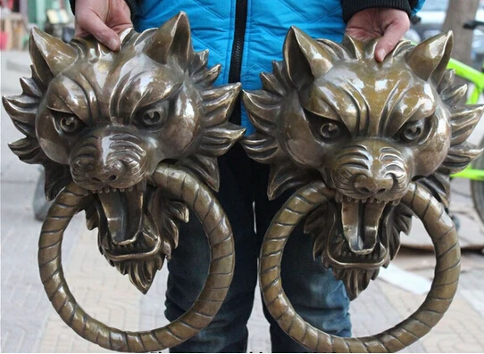 

17"Chinese Bronze Guardian Foo Fu Dog Lion Head Door Gate Knocker Statue Pair decoration bronze factory outlets