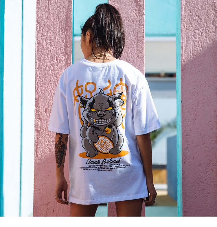 Футболка в стиле хип-хоп, Забавные футболки с принтом кота, мужские футболки в стиле Харадзюку, уличная летняя футболка, хлопковые топы с коротким рукавом, футболки