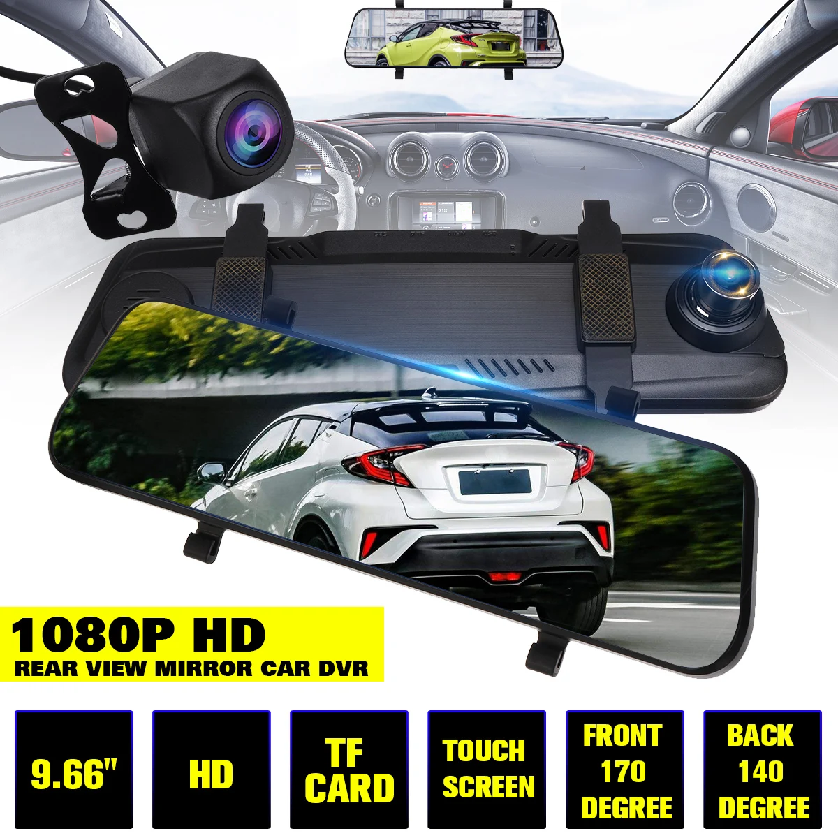 

9.66''1080P Full HD Dual Lens Auto Car DVR Mirror Dash Cam Recorder+Rear View Camera Kit Night Vision Car Dvr Camera Rearview