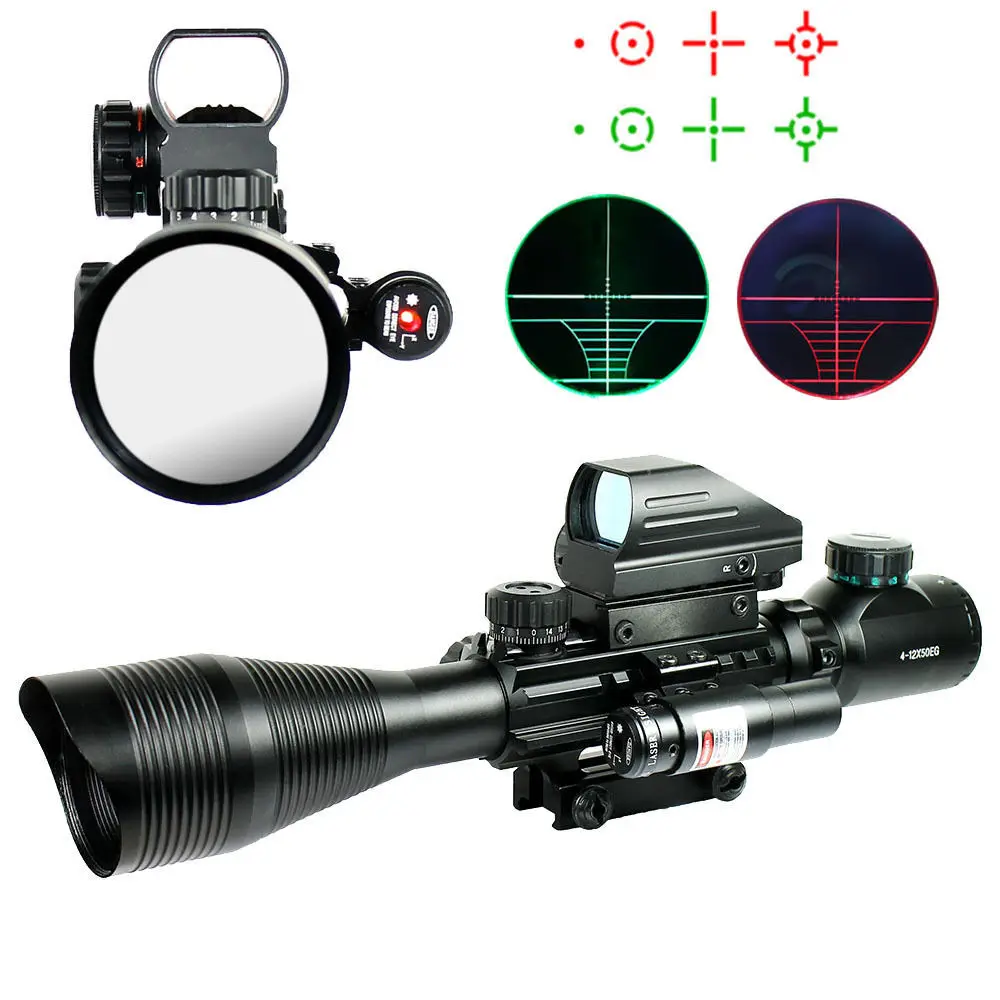 

4-12X50 EG Tactical Rifle Scope Airsoft Weapon Hunting Firearm Gun Riflescope with Holographic 4 Reticle Sight + Red Laser Combo