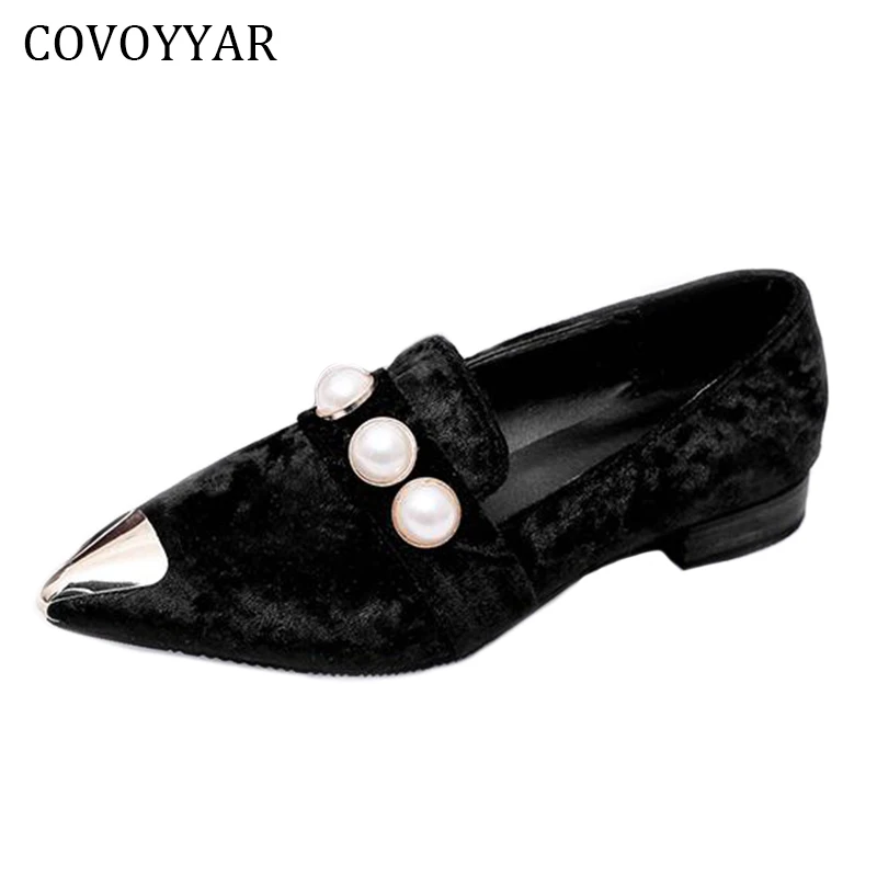 COVOYYAR/2019 Осенняя женская обувь с жемчугом на низком каблуке из флока женские туфли