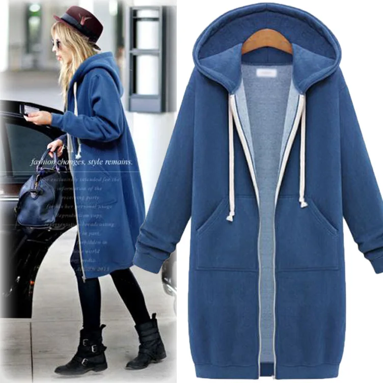 spring autumn new large size women's hooded long-sleeved Sweatshirt fleece Medium length Thick warm Cotton zipper Outerwear coat