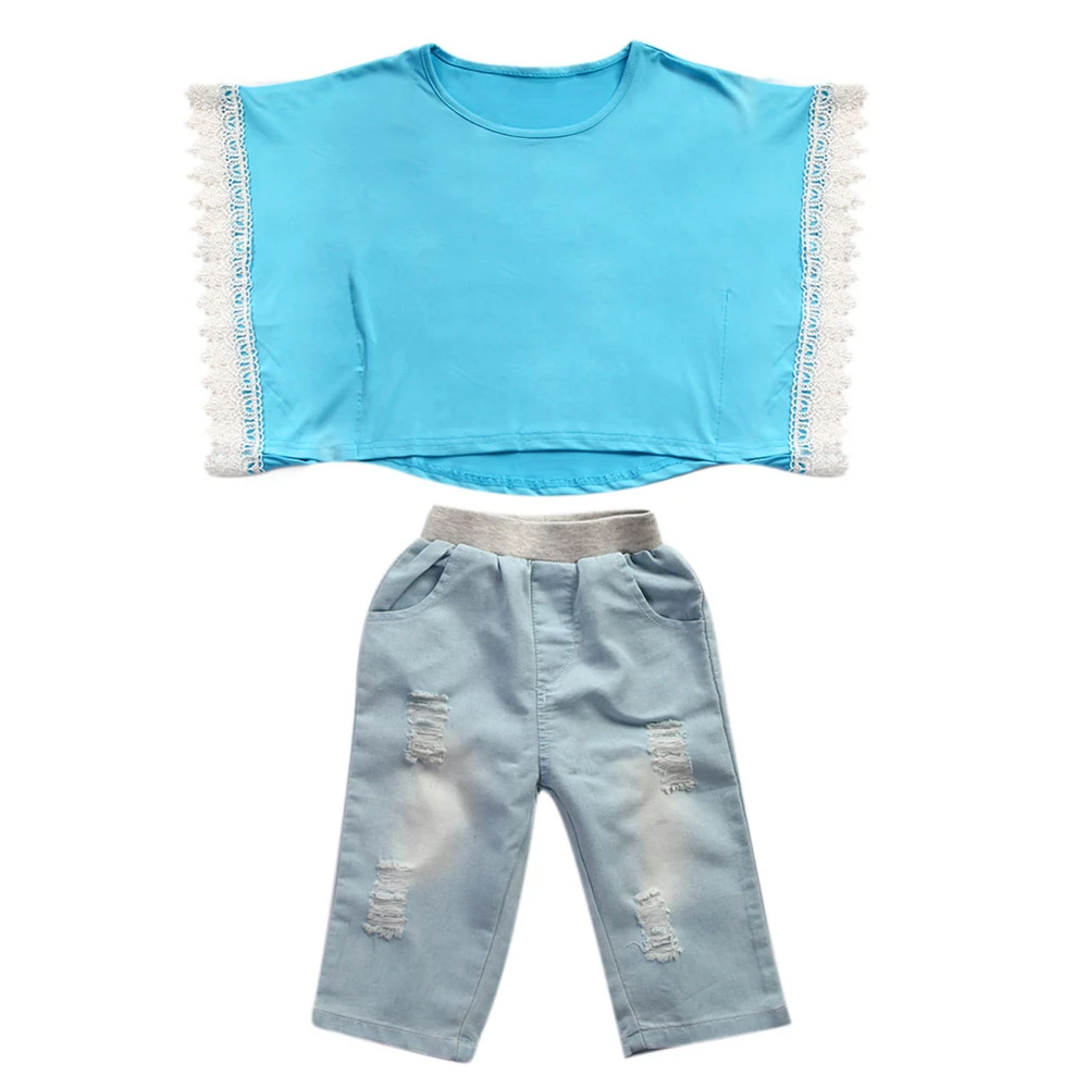 Модные летние комплекты одежды для девочек г. Повседневная однотонная детская одежда топы из 2 предметов, джинсы костюмы для девочек хлопковый комплект одежды для детей
