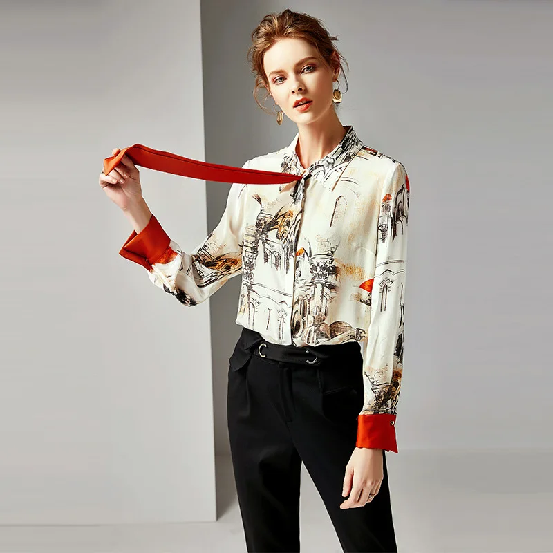 Hauts Rétro Femelle Vêtements Et Imprimé R10402 Européen 100Chemisier shirt Mixed Printemps En 2019 Soie T Femme Américain Pour Femmes iPuOXkZT