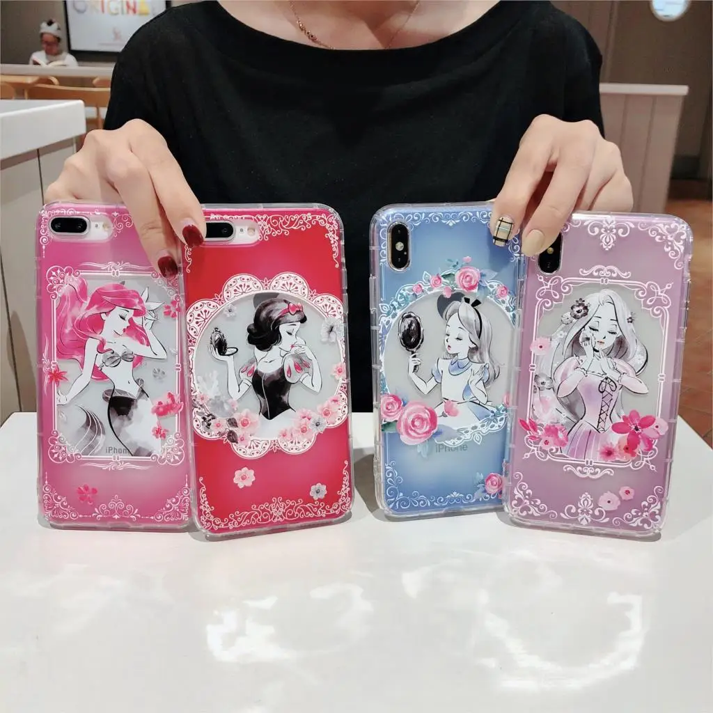 

Classic Anime Disneys princess Snow White Ariel Alice Rapunzel Transparent cover case For iPhone 8 7 6 6s Plus X 10 XR Xs Max