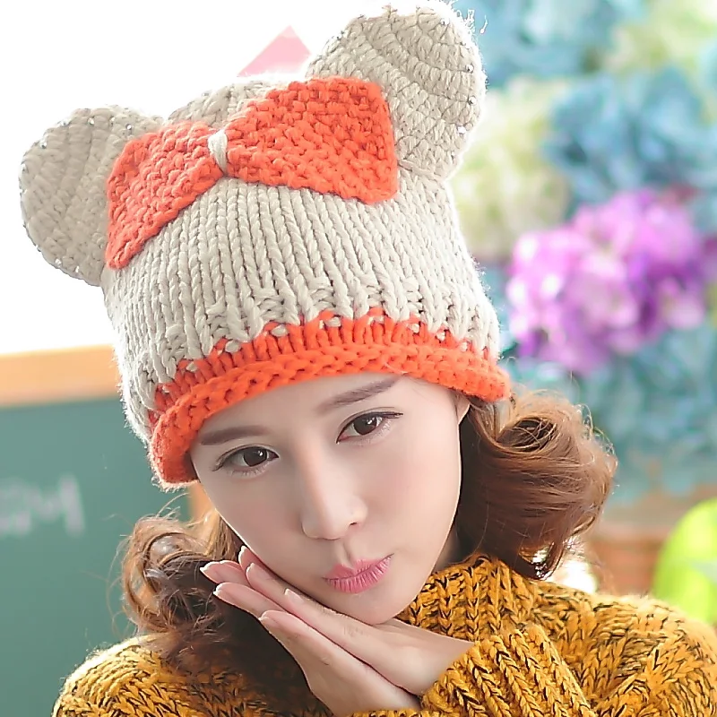 

BomHCS Cute Cat Ear Contrast Color Bow Winter Women Knitted Hat Lady 100% Handmade Autumn Knitting Beanie Cap With Drill