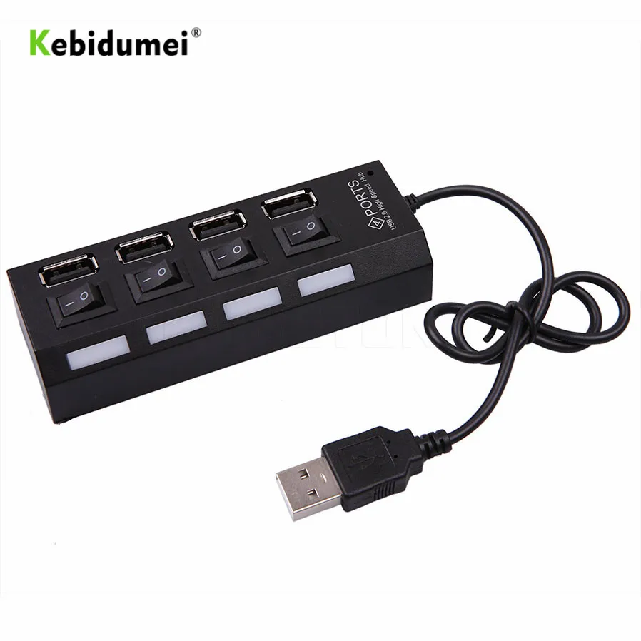 Kebidumei 4 порта USB 2,0 концентратор высокая скорость 480 Мбит/с включением/выключением питания расширитель несколько конвертер адаптер для MacBook PC - Цвет: Черный