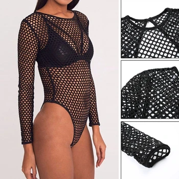 

Sexy Women Fishnet Mesh Hollow Out Bodysuit Stretch Jumpsuit Romper Long Sleeve Leotard Tops