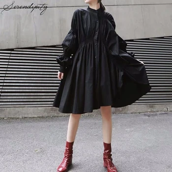 

SRDP Black Big Swing Pleated One Size Dress Women Summer Elegant Lantern Sleeve Cotton Asymmetric Button Streetwear Girl Dress