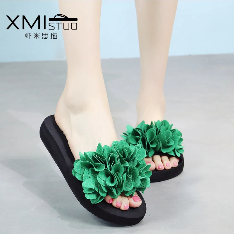 

Large size handmade flower slippers female summer sandals casual outdoor beach shoes one word drag children small code slides