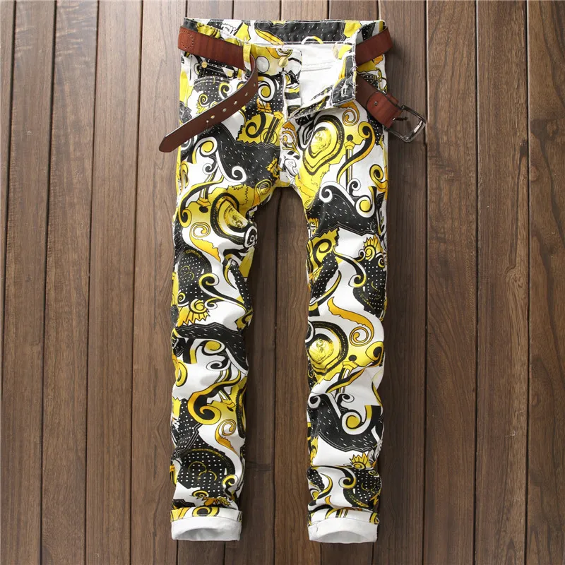 

Fashion Print Skinny Pants Korean Slim Fit Pants Men Trousers Long Denim Pants