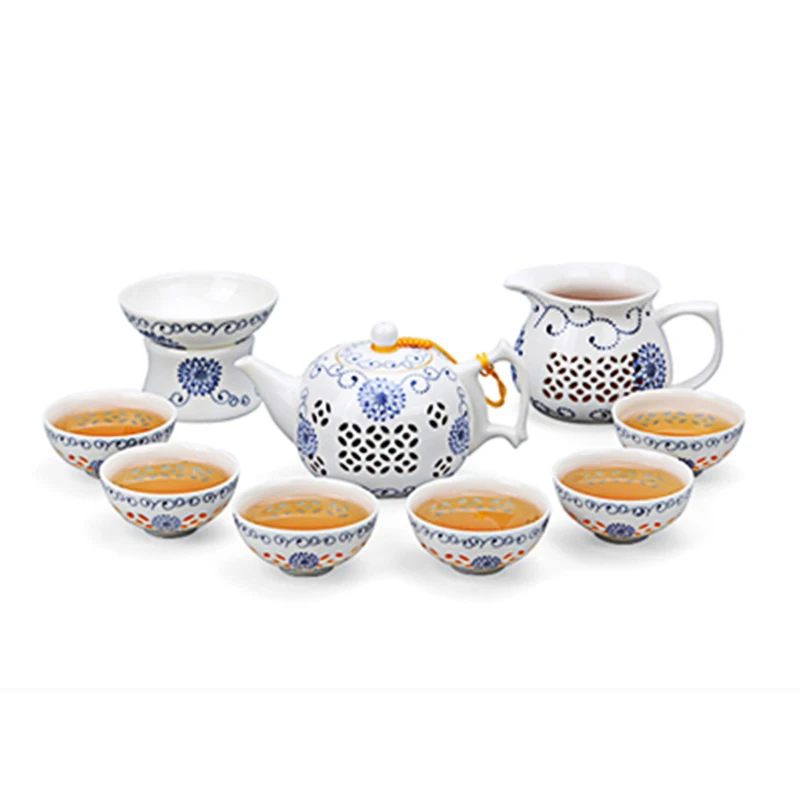 

Blue and white porcelain exquisite tea set honeycomb hollow ceramic set Kung Fu tea set teapot cup lid bowl