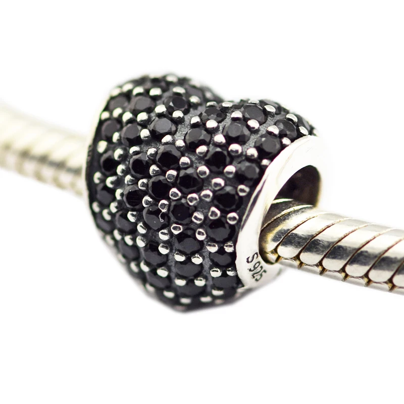 Подходит для Pandora Подвески Браслеты проложить бусины в форме сердца с черным кубическим цирконием стерлингового серебра 925 ювелирные изделия