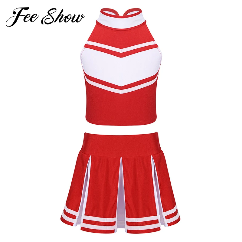 

Kids Girls Sleeveless Crop Tops with Pleated Skirt Set Children Stage Performance Jazz Dance School Cheerleader Costume