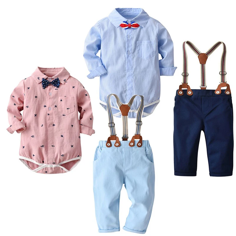 

2019 Newborn Autumn Kids Boys Clothes Set Baby Boy Gentleman Outfit Long Sleeve Romper Shirt With Bow Tie + Suspenders Trousers