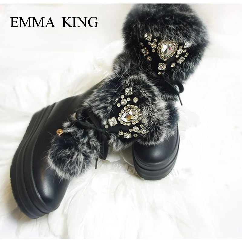 

Bottes Femme Winter Hand-stitched Rhinestone Rabbit Fur Height-increasing Warm Snow Boots Women Lace-up Platform Shoes Botas