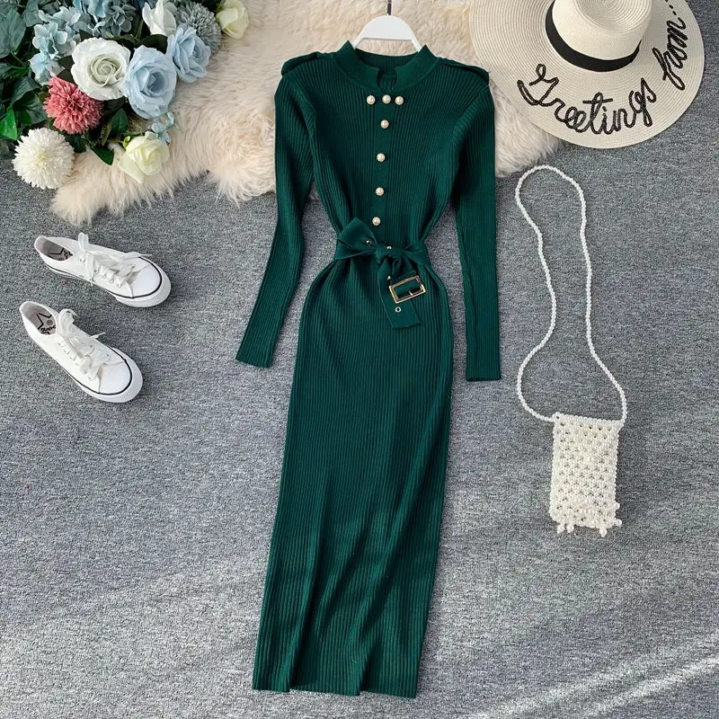 

LUOSHA Women 2019 Autumn Winter Sexy Stand Collar Long Sleeved Sheath Knitted Dress With Belt Women Pearl Buttons Vestidos
