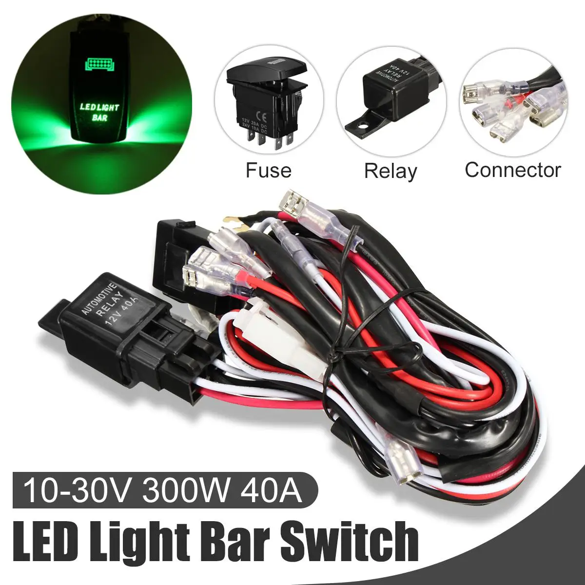 

12V 300W LED Light Bar Laser Rocker On/Off Switch Wiring Harness 40A Relay Fuse Green Color LED Light Bar Switch