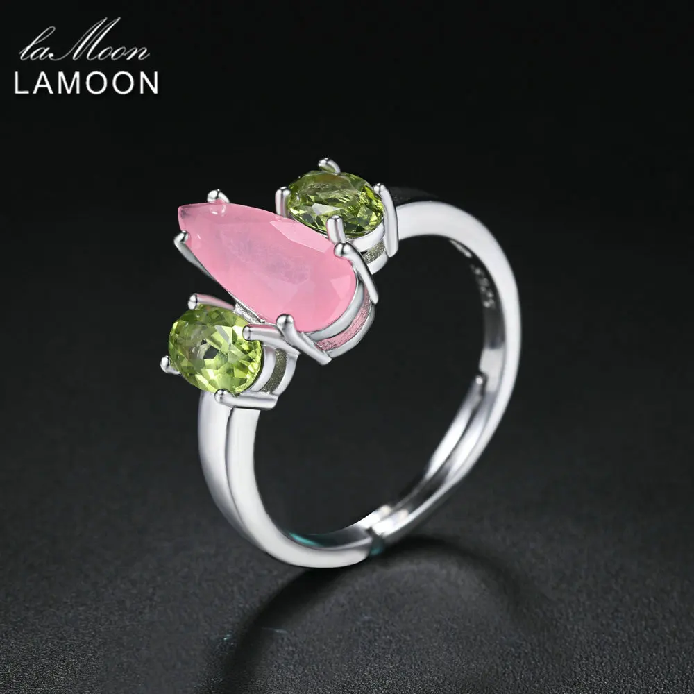 LAMOON 2018 Natural Rose Quartz & Peridot S925 Adjustable Rings Silver Color 925-Sterling-Silver Gemstone Fine Jewelry LMRI064