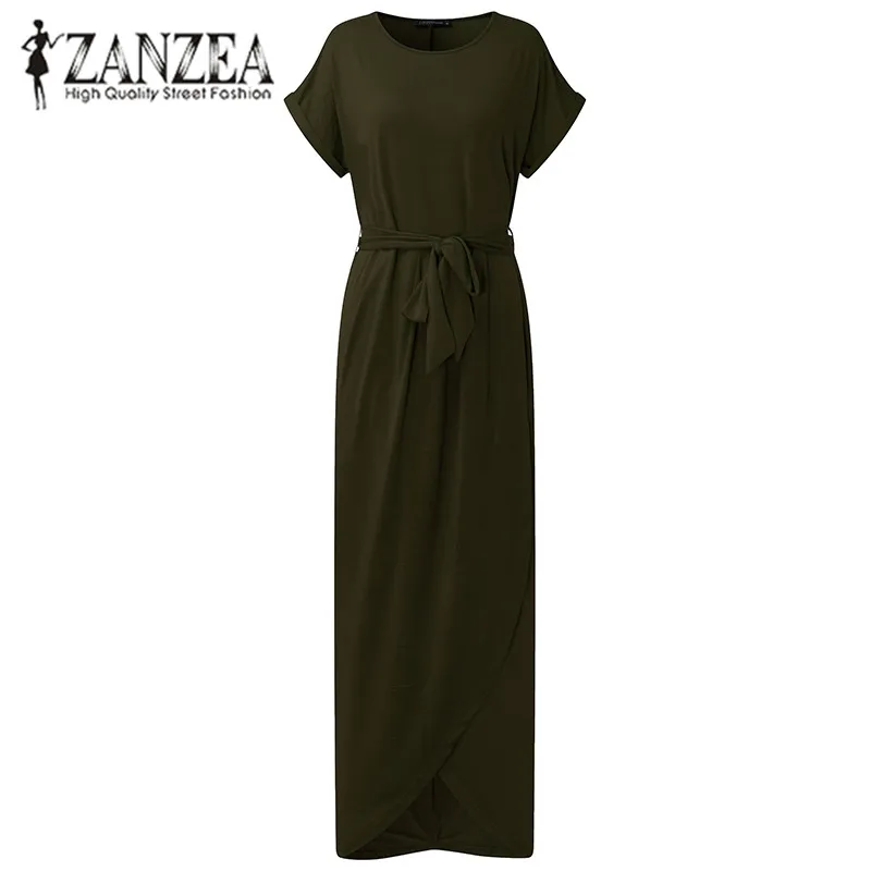 Мода ZANZEA, негабаритное летнее платье с круглым вырезом и коротким рукавом, асимметричные вечерние длинные платья для пляжа, женское повседневное облегающее платье