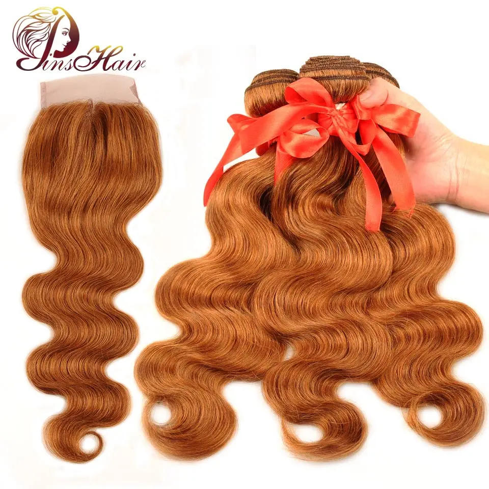 Skup Pinshair Hair Colored 30 miód blond wiązki z zamknięciem ciało fala peruwiański ludzki włos 3 wiązki z zamknięciem nie remy nie rzucić