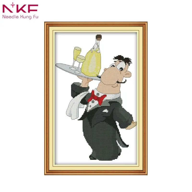 

NKF Cross Stitch Kits Needle Crafts 11CT 14CT Cross Stitch Kits Printed Fabric I'm a Waiter Cartoon Cross Stitch Kits Home Decor