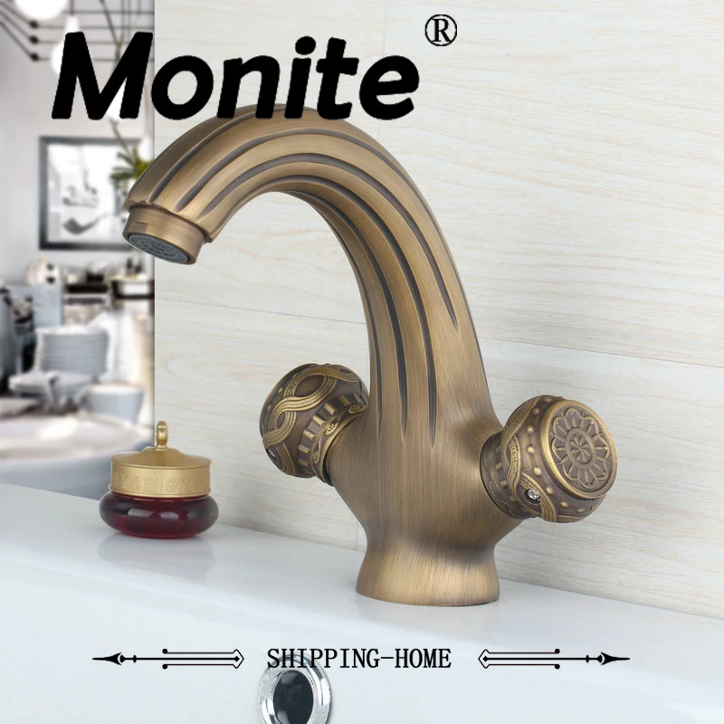 Double Handles Bathroom Faucet Wash Basin Basin Faucet Antique Brass