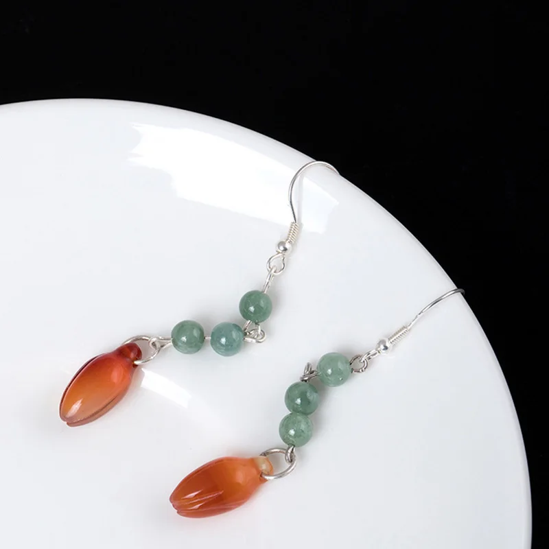 Женские серьги из серебра 100% пробы с натуральным нефритом и изумрудом|earrings