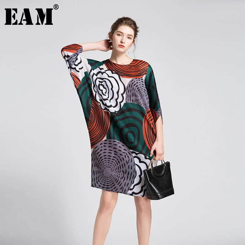 

[EAM] 2019 New Spring Summer Round Neck Long Seeve Hit Color Patter Printed Loose Large Size Dress Women Fashion Tide JK037